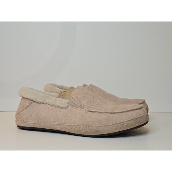 Olukai Ku’una Women Size 8 Leather Slippers Light Soft Pink Suede Shearling - Picture 1 of 11